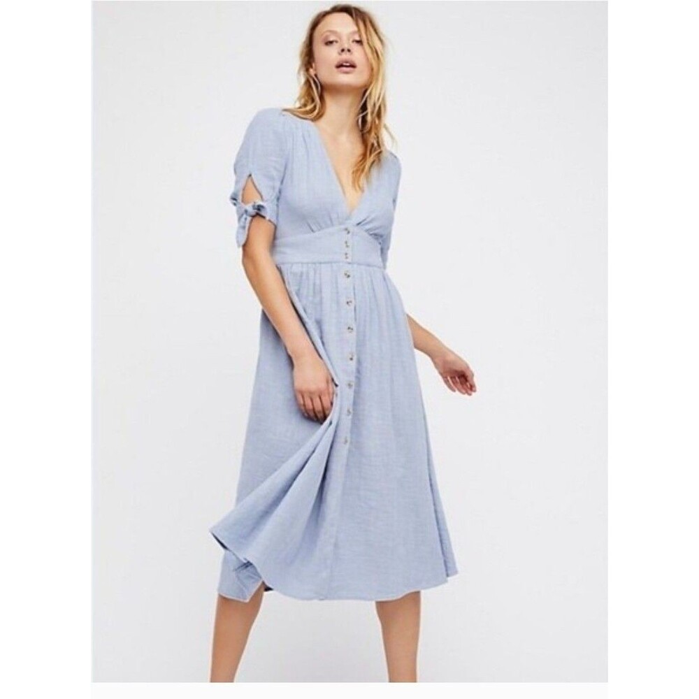 Free People Light Blue Midi Dress with Button Front